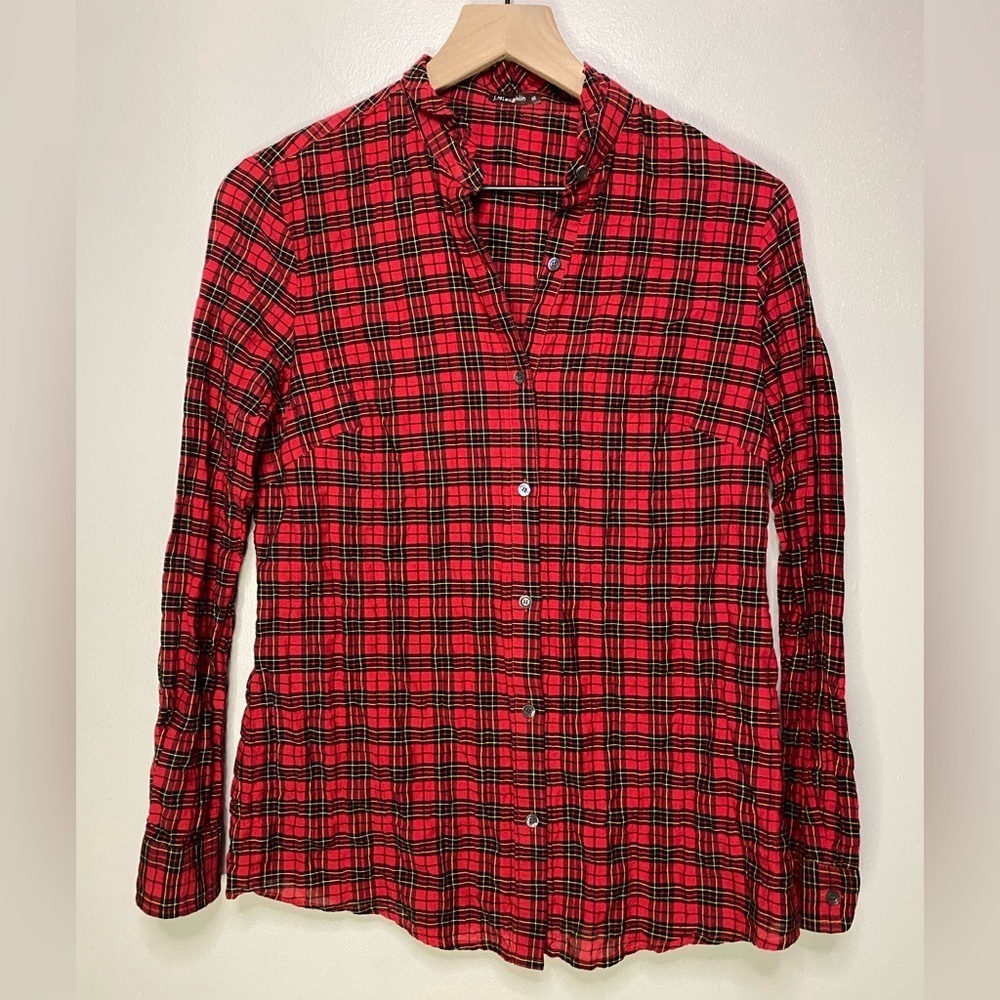 J. McLaughlin Ruffle‎ collar Plaid red XS Blouse button down Christmas